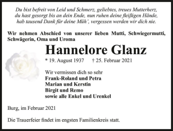 Traueranzeige von Hannelore Glanz  von Magdeburger Volksstimme