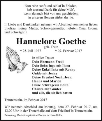 Traueranzeige von Hannelore Goethe (geb. Trute)  von Magdeburger Volksstimme