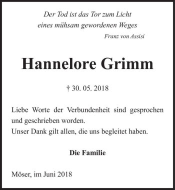 Traueranzeige von Hannelore Grimm  von Magdeburger Volksstimme