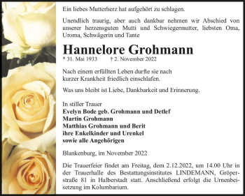 Traueranzeige von Hannelore Grohmann  von Magdeburger Volksstimme