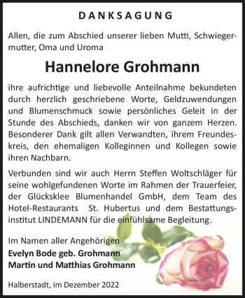 Traueranzeige von Hannelore Grohmann  von Magdeburger Volksstimme