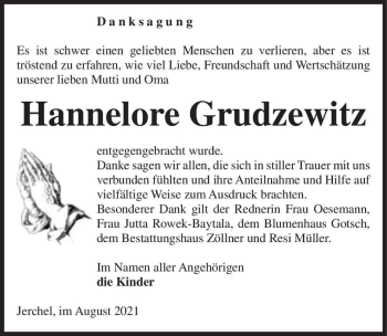Traueranzeige von Hannelore Grudzewitz  von Magdeburger Volksstimme