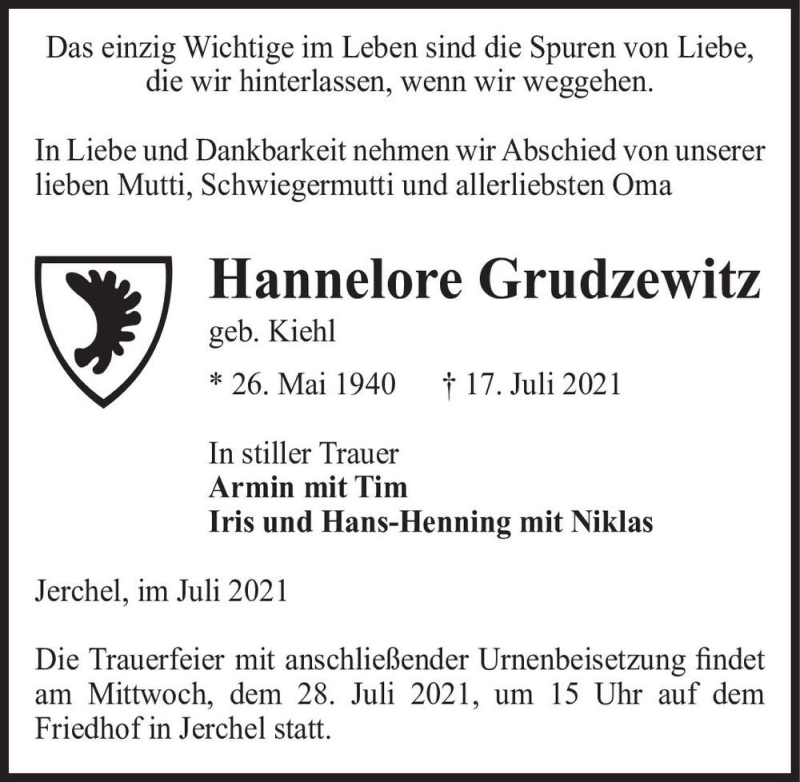  Traueranzeige für Hannelore Grudzewitz (geb. Kiehl)  vom 23.07.2021 aus Magdeburger Volksstimme