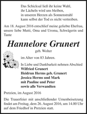 Traueranzeige von Hannelore Grunert (geb. Wolter)  von Magdeburger Volksstimme