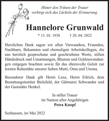 Traueranzeige von Hannelore Grunwald  von Magdeburger Volksstimme