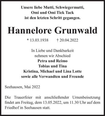 Traueranzeige von Hannelore Grunwald  von Magdeburger Volksstimme
