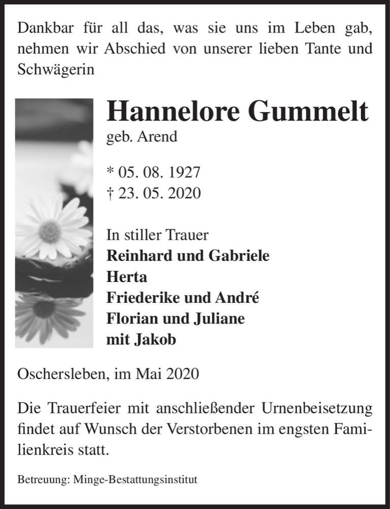  Traueranzeige für Hannelore Gummelt (geb. Arend)  vom 03.06.2020 aus Magdeburger Volksstimme