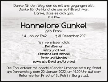 Traueranzeige von Hannelore Gunkel (geb. Frank)  von Magdeburger Volksstimme