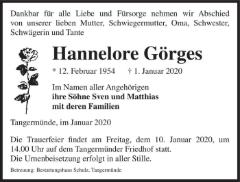 Traueranzeige von Hannelore Görges  von Magdeburger Volksstimme