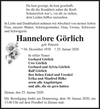 Traueranzeige von Hannelore Görlich  von Magdeburger Volksstimme