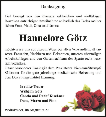 Traueranzeige von Hannelore Götz  von Magdeburger Volksstimme