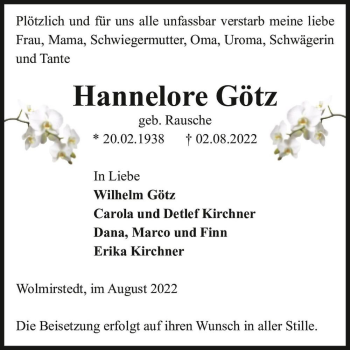 Traueranzeige von Hannelore Götz (geb. Rausche)  von Magdeburger Volksstimme