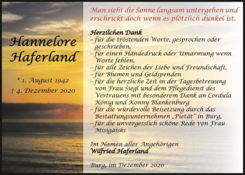 Traueranzeige von Hannelore Haferland  von Magdeburger Volksstimme