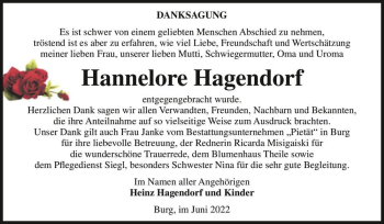 Traueranzeige von Hannelore Hagendorf  von Magdeburger Volksstimme