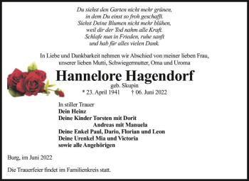 Traueranzeige von Hannelore Hagendorf (geb. Skupin)  von Magdeburger Volksstimme