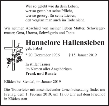 Traueranzeige von Hannelore Hallensleben (geb. Fabel)  von Magdeburger Volksstimme
