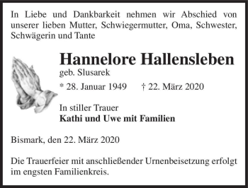Traueranzeige von Hannelore Hallensleben (geb. Slusarek)  von Magdeburger Volksstimme