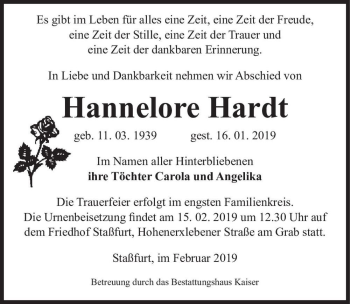 Traueranzeige von Hannelore Hardt  von Magdeburger Volksstimme