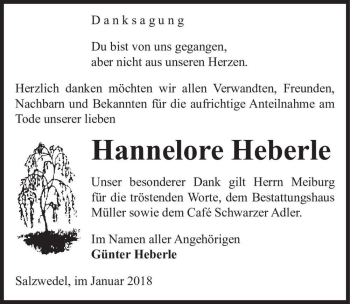 Traueranzeige von Hannelore Heberle  von Magdeburger Volksstimme