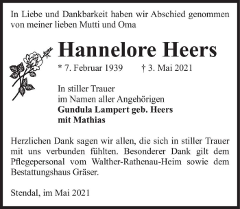 Traueranzeige von Hannelore Heers  von Magdeburger Volksstimme