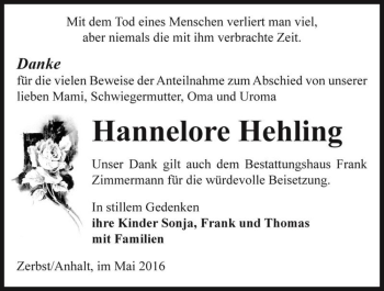 Traueranzeige von Hannelore Hehling  von Magdeburger Volksstimme