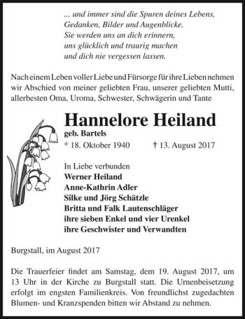 Traueranzeige von Hannelore Heiland (geb. Bartels)  von Magdeburger Volksstimme