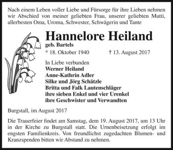 Traueranzeige von Hannelore Heiland (geb. Bartels)  von Magdeburger Volksstimme