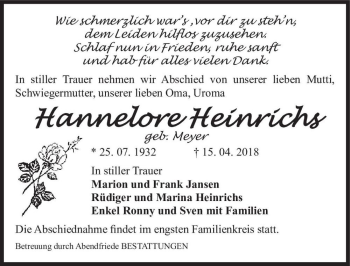 Traueranzeige von Hannelore Heinrichs (geb. Meyer)  von Magdeburger Volksstimme
