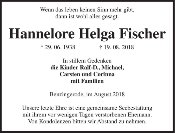 Traueranzeige von Hannelore Helga Fischer  von Magdeburger Volksstimme