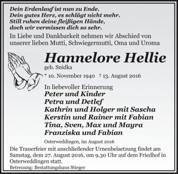 Traueranzeige von Hannelore Hellie (geb. Snidk)  von Magdeburger Volksstimme