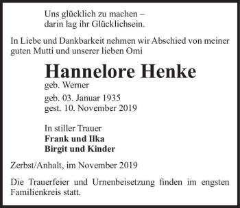 Traueranzeige von Hannelore Henke (geb. Werner)  von Magdeburger Volksstimme