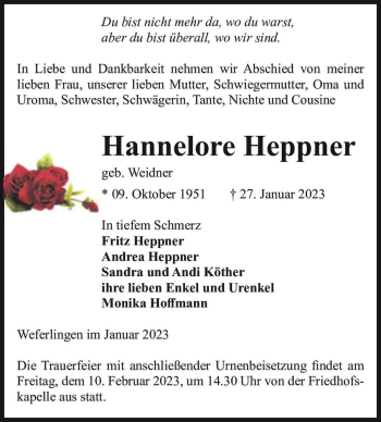 Traueranzeige von Hannelore Heppner (geb. Weidner)  von Magdeburger Volksstimme