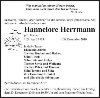 Traueranzeige von Hannelore Herrmann (geb. Kersten)  von Magdeburger Volksstimme