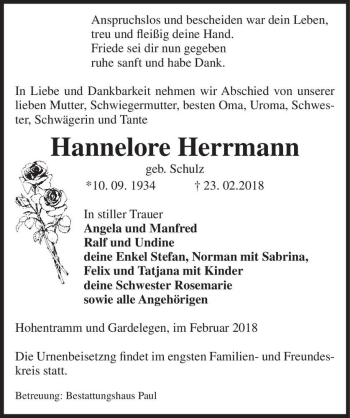 Traueranzeige von Hannelore Herrmann (geb. Schulz)  von Magdeburger Volksstimme