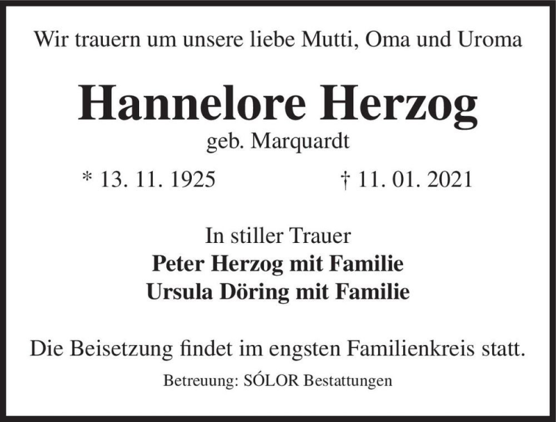  Traueranzeige für Hannelore Herzog (geb. Marquardt)  vom 16.01.2021 aus Magdeburger Volksstimme