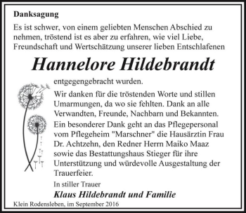 Traueranzeige von Hannelore Hildebrandt  von Magdeburger Volksstimme