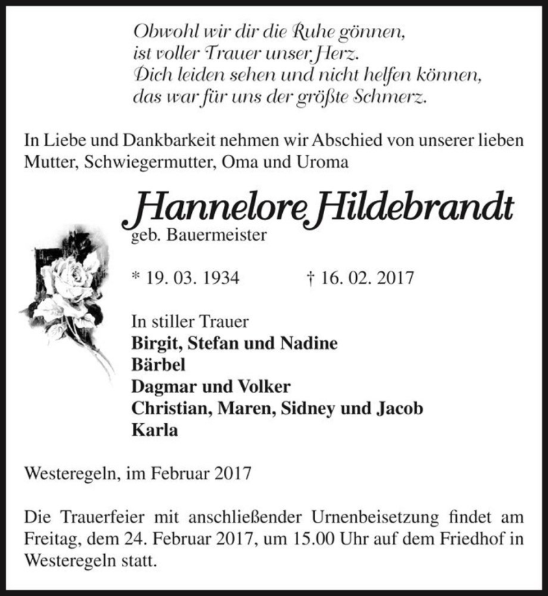  Traueranzeige für Hannelore Hildebrandt (geb. Bauermeister)  vom 21.02.2017 aus Magdeburger Volksstimme