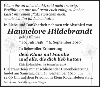Traueranzeige von Hannelore Hildebrandt (geb. Hillmer)  von Magdeburger Volksstimme