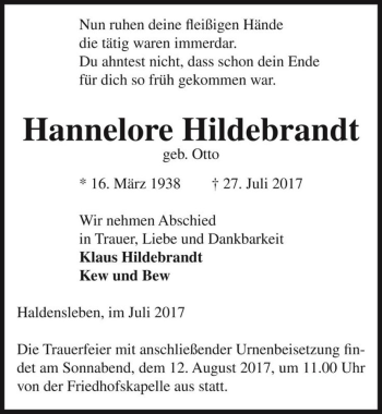 Traueranzeige von Hannelore Hildebrandt (geb. Otto)  von Magdeburger Volksstimme