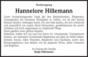 Traueranzeige von Hannelore Hillemann  von Magdeburger Volksstimme