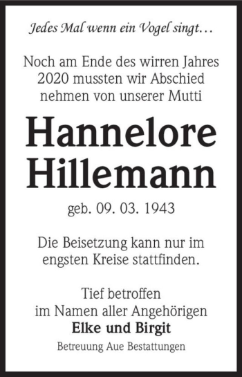 Traueranzeige von Hannelore Hillmann  von Magdeburger Volksstimme