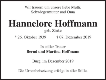 Traueranzeige von Hannelore Hoffmann (geb. Zinke)  von Magdeburger Volksstimme