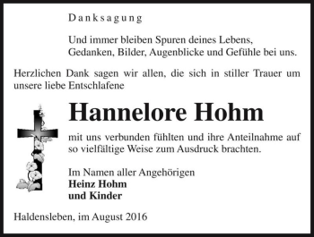 Traueranzeige von Hannelore Hohm  von Magdeburger Volksstimme