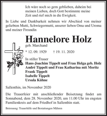 Traueranzeige von Hannelore Holz (geb. Marchand)  von Magdeburger Volksstimme
