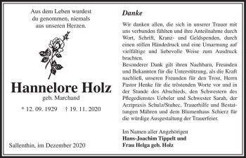 Traueranzeige von Hannelore Holz (geb. Marchand)  von Magdeburger Volksstimme