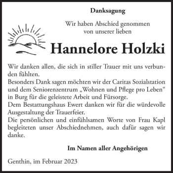 Traueranzeige von Hannelore Holzki  von Magdeburger Volksstimme