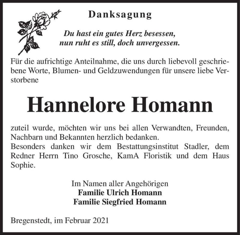  Traueranzeige für Hannelore Homann  vom 13.02.2021 aus Magdeburger Volksstimme