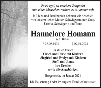 Traueranzeige von Hannelore Homann (geb. Brökel)  von Magdeburger Volksstimme