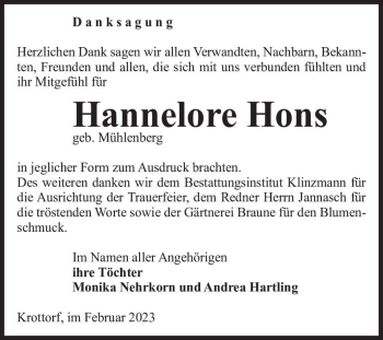 Traueranzeige von Hannelore Hons (geb. Mühlenberg)  von Magdeburger Volksstimme