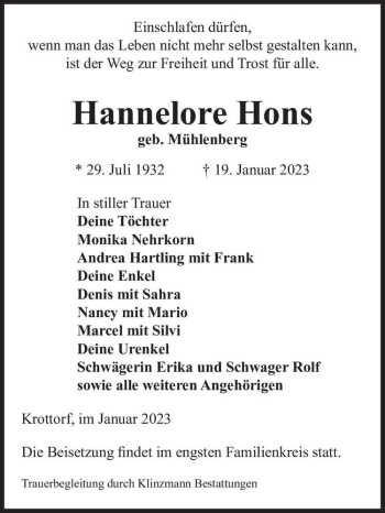 Traueranzeige von Hannelore Hons (geb. Mühlenberg)  von Magdeburger Volksstimme
